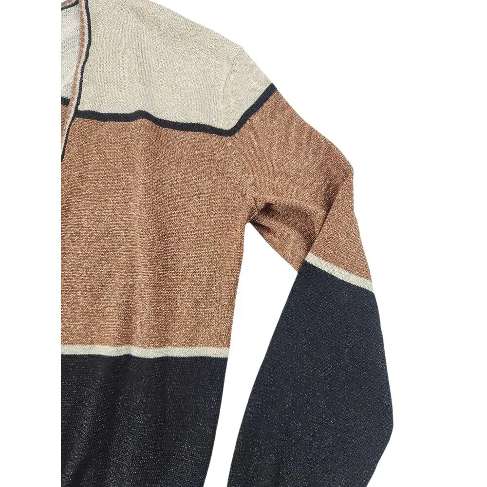 Free People gold dust plunging v-neck color block pullover sweater sz large crop